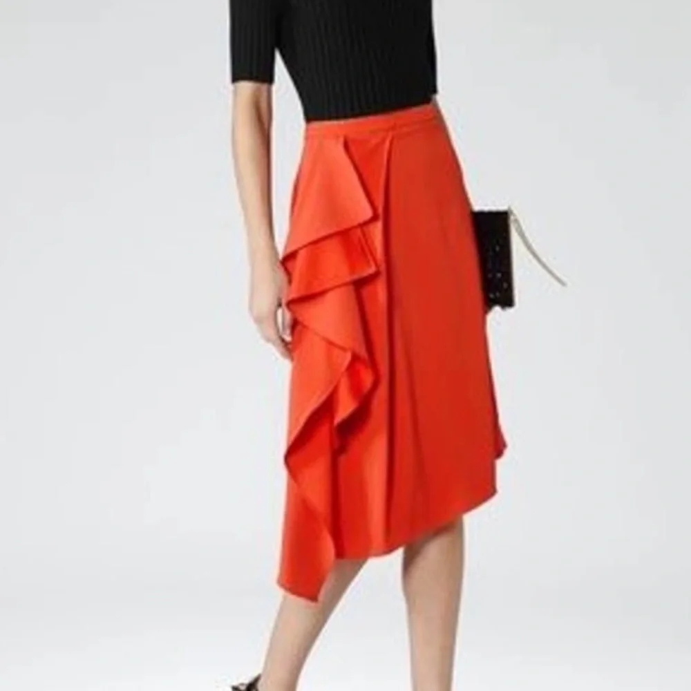 REISS Dita Waterfall Draped Crepe Skirt Bold Orange Asymmetrical Midi Womens 8 - Picture 4 of 13